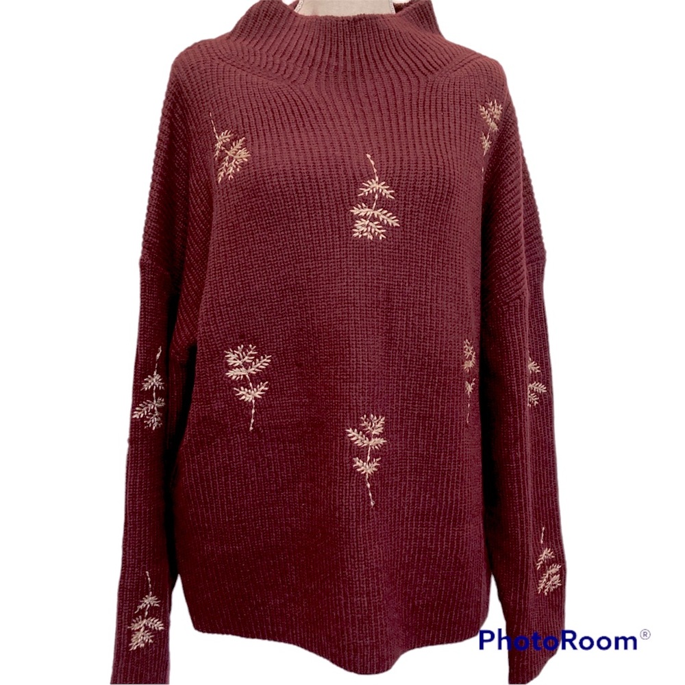 Cozy Co, Mock Turtleneck Sweater, Size 2X Burgundy with embroidered foliage - Picture 2 of 7